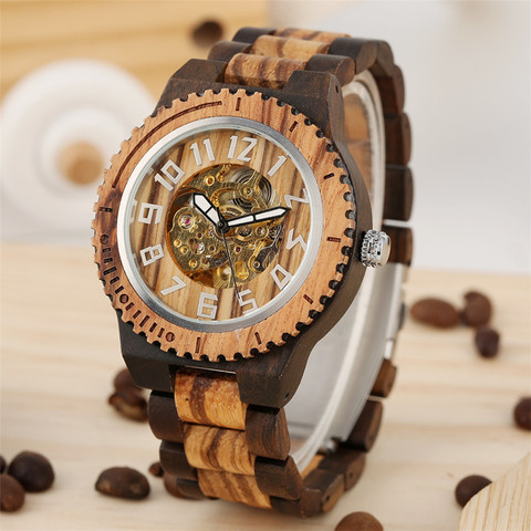 Automatic Wood Clock Men's Watch Luxury Wooden Bangle Watchband Arabic Numbers Display Self Winding Mechanical Mens Watches ► Photo 1/1