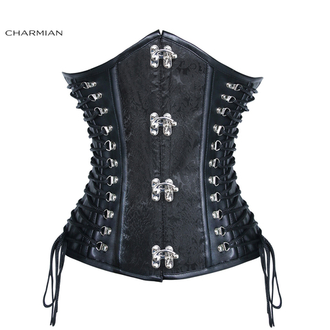 Charmian Women's Plus Size Steampunk Corset Vintage PU Leather Underbust Corset Sexy Black Jacquard Spiral Steel Boned Bustier ► Photo 1/6