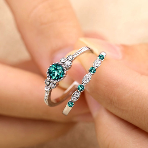 2Pcs/Set 2022 Luxury Green Blue Stone Crystal Rings For Women Sliver Color Zirconia Wedding Engagement Ring Jewelry Size 6 7 8 9 ► Photo 1/6