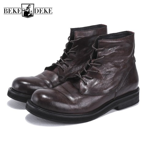Genuine Leather Retro Work Boots Men Winter Sneakers Lace Up Luxury Trainers British High-Top Ankle Riding Boots Casual Shoes ► Photo 1/6