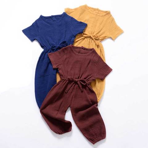 New Summer Kids Girls Clothing Sets Linen Cotton Sleeveless Solid Color Girls Jumpsuit Clothes Sets Outfits Children Suits ► Photo 1/6