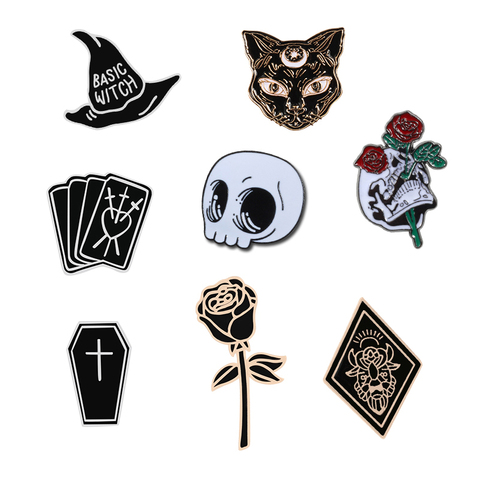 Black Witchcraft Brooches Poker Coffin Witch Hat Rose Enamel Pin Clothes Hijab Lapel Pins Bag Icon Badge Women Men Jewelry Gifts ► Photo 1/6