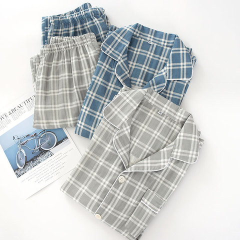 Men's Plaid Pajama Suit 100% Cotton Gauze Thin Casual Pijama Set Long Sleeves Long Trousers Mens Pyjama Autumn Men Sleepwear ► Photo 1/6