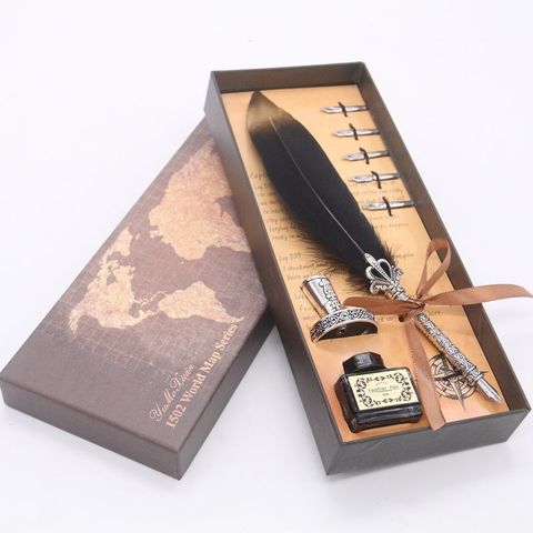 Calligraphy Feather Dip Quill Pen Writing Ink Gift Box Fountain Pen 5 Nibs  Set