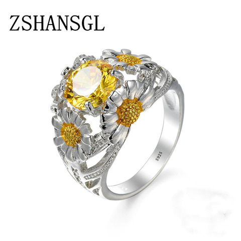 Luxury Female Girl Big Crystal CZ Flower Ring Boho 925 Sterling Silver White Yellow Ring Promise Engagement Rings For Women ► Photo 1/5