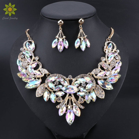 New Luxury Indian Bridal Jewelry Sets Wedding Party Costume Jewellery Womens Fashion Gifts Leaves Crystal Necklace Earrings Sets ► Photo 1/6