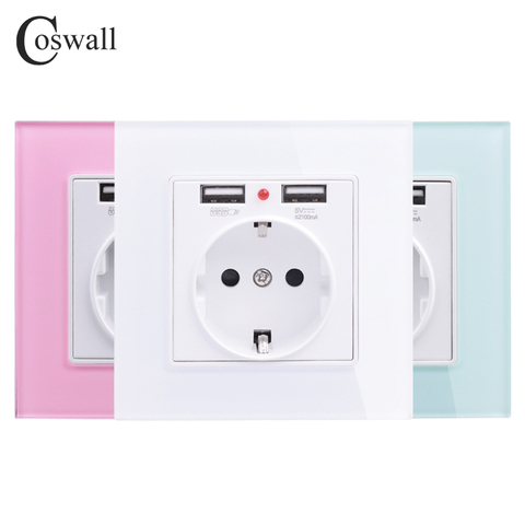 Coswall Green Pink Colorful Crystal Glass Panel Dual USB Charging Port 2.1A 16A Russia Spain Wall Socket EU Power Outlet ► Photo 1/6