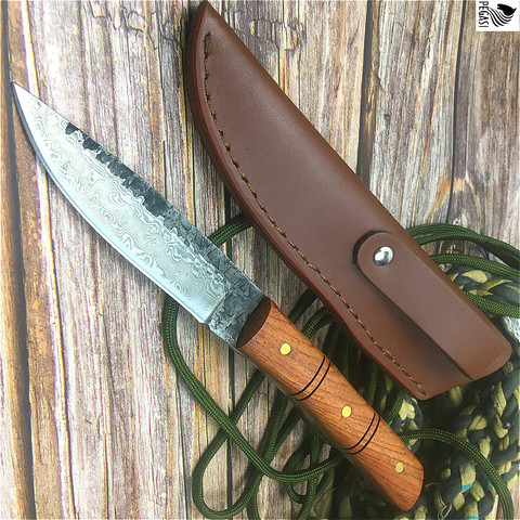 60HRC Damascus pattern 440c bamboo handle straight knife north American hunting knife outdoor camping tactics straight knife ► Photo 1/5