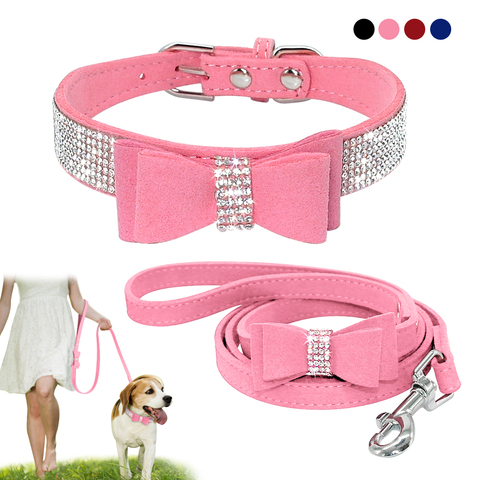 Bling Bowknot Suede Leather Rhinestone Dog Collar and Leash Set Pet Puppy Cat Chihuahua Collars For Small Medium Dogs Cats Pink ► Photo 1/6