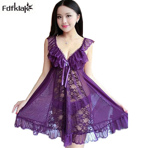 2022 New sexy lingerie sleeveless perspective lace dressing gowns 2 pieces nightdress women nightgown red/purple/black A0836 ► Photo 1/5