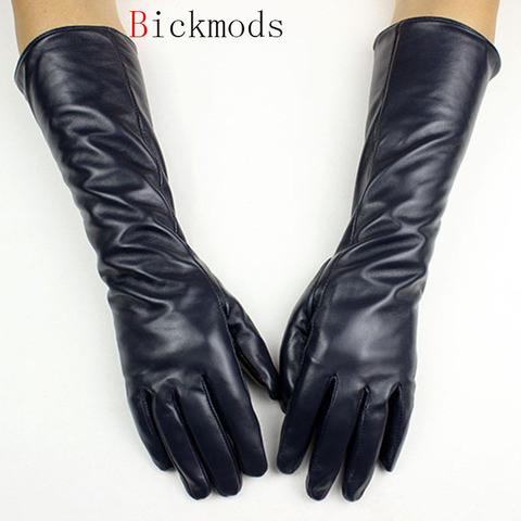 long leather sheepskin gloves female straight style velvet lining autumn warm Dark blue finger glove arm sets ► Photo 1/6