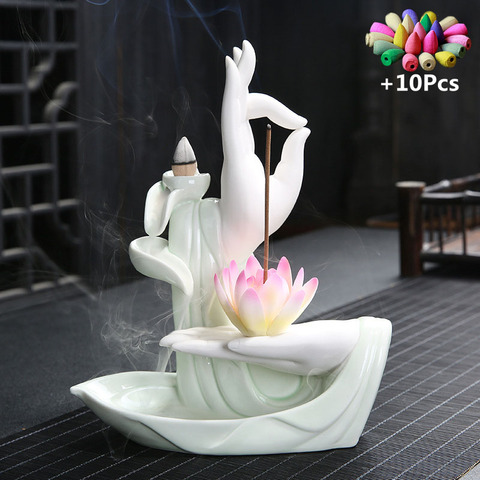 Gift 10Cones White Ceramic Incense Censer Buddha Hand Backflow Incense Burner Lotus Incense Stick Holder ► Photo 1/6