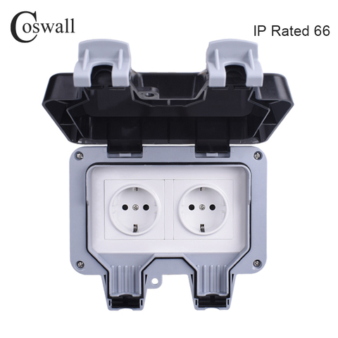 Coswall IP66 Weatherproof Waterproof Outdoor Wall Power Socket 16A Double EU Standard Electrical Outlet Grounded AC 110~250V ► Photo 1/6