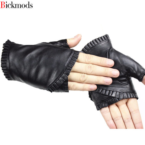 female Fingerless leather gloves wrinkled lace style semi pointed sheepskin gloves sports ride driving ► Photo 1/6