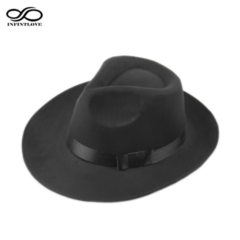 LUCKYLIANJI Vintage Men Women Hard Wool Felt Hat Wide Brim Fedora Trilby Panama Hat Gangster Cap (One Size:58cm) ► Photo 1/1