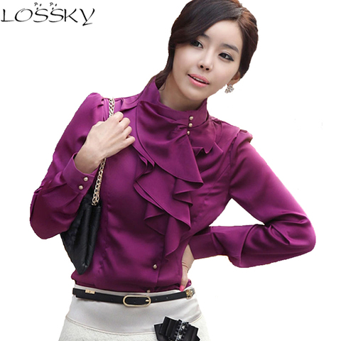 Womens Sweet Formal OL Puff Sleeve White Stand Collar Shirt Chiffon Blouse  Top