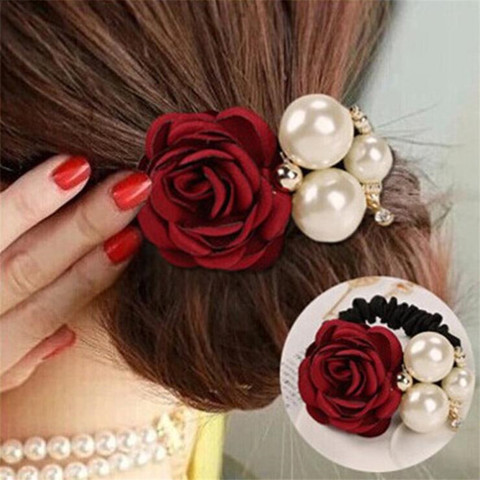 1pc Hair Accessories Women Fashion Style Big Rose Flower Pearl Rhinestone Hair Bands Elastic Hair Rope Ring 5 Colors for Girls ► Photo 1/6