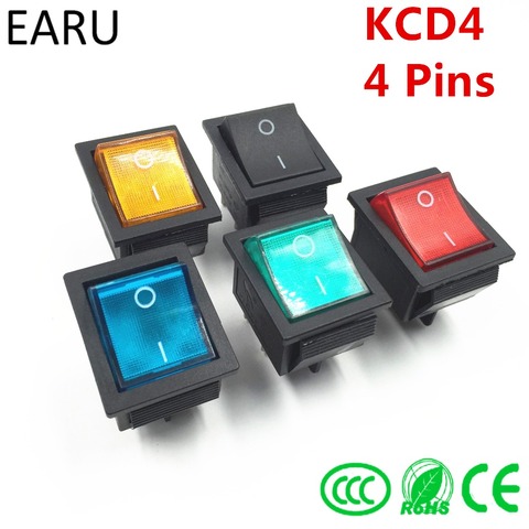 Latching Rocker Switch Power Switch I/O 4 Pins With Light 16A 250VAC 20A 125VAC KCD4 DPST Red Yellow Green Blue Black Boat ► Photo 1/5