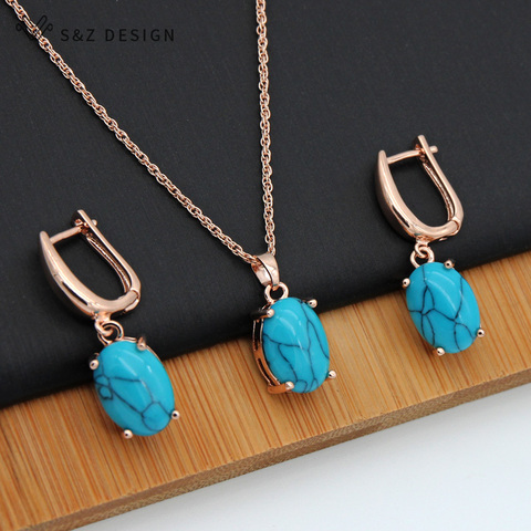 S&Z Fine Turquoises Oval Egg Shape 585 Rose Gold Earrings Jewelry Set For South Korean Women Temperament Wedding Fashion Jewelry ► Photo 1/6