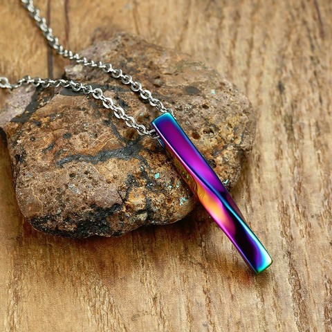 OXIDATION RAINBOW BAR SQUARE TWISTED COLUMN PENDANT NECKLACE FOR MEN STAINLESS STEEL MALE FEMALE COUPLES JEWELRY ► Photo 1/5