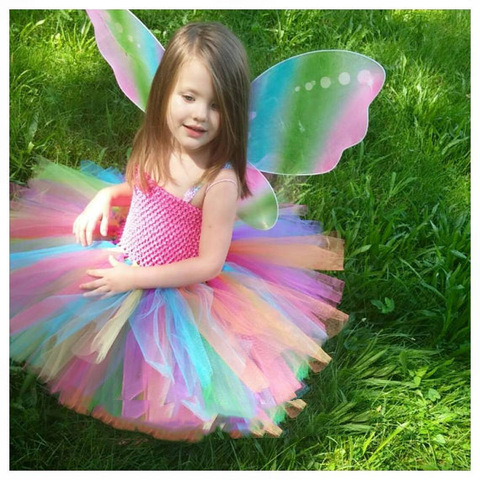 Rainbow Girls Crochet Tutu Dress Baby Handmade 2Layer Fluffy Tulle Ballet Tutus with Butterfly Wing Set Kids Party Costume Dres ► Photo 1/5
