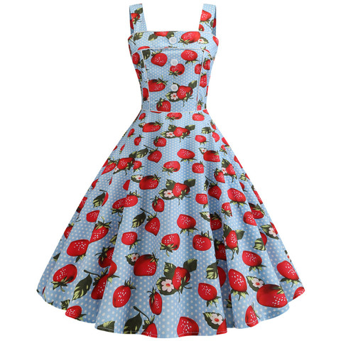 Strawberry Print Robe Femme Vintage Pin up 2022 Woman Strapless Summer Dresses Casual Swing Pinup Vestido Elegant Party Dress ► Photo 1/6