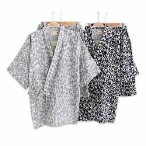 Simple wave 100% cotton shorts pyjamas men short sleeves sleepwear Japanese kimono pajamas sets shorts home bathrobes bedgown ► Photo 1/6