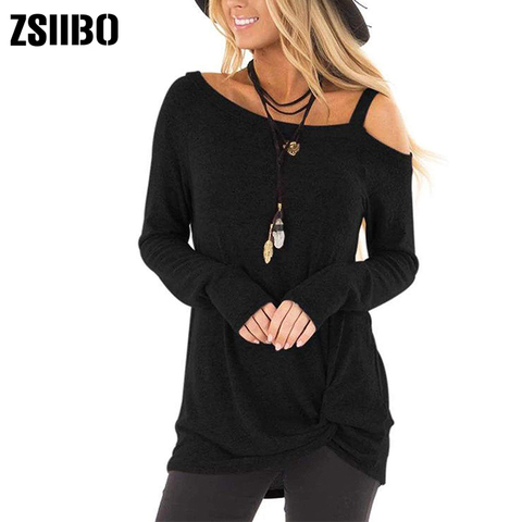 Autumn tee shirt femme vintage Women Cold Solid color Shoulder T-Shirt Long Sleeve Knot brandy Tops clothes tshirts dropshipping ► Photo 1/4