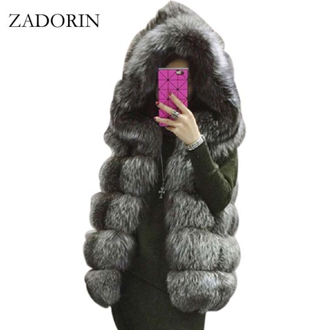 ZADORIN S-4XL Female Hooded Fur Coat Autumn Winter Thick Warm Faux Silver Fox Fur Vest Women High-Grade Cappa Fashion Cardigan ► Photo 1/1