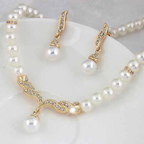 Creative Gold Color Necklace + 1 Pair Earrings Wedding Bridal Pearl Jewelry Set For Women Lady Female ► Photo 1/6