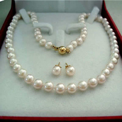 FREE shipping>>>>>8-9MM Real Natural White Akoya Cultured Pearl GP necklace earrings set AAA ► Photo 1/1