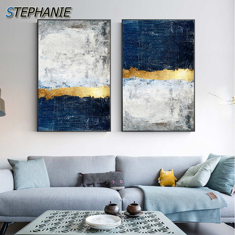 Modern Golden Wall Art Picture Abstract Gold Foil Block Painting Blue Poster Print For Living Room Navy Decor Big Size Tableaux History Review Aliexpress Er Stephanie Official - Gold Foil Wall Decor
