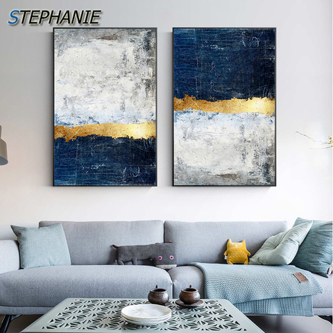 Modern Golden Wall Art Picture Abstract Gold Foil Block Painting Blue Poster Print for Living Room Navy Decor Big Size Tableaux ► Photo 1/6