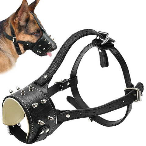 Leather Dog Muzzle Spiked Studded Anti Bark Bite Chew Muzzles Adjustable Training Mouth Cover Musk For Medium Large Dog Pitbull ► Photo 1/6