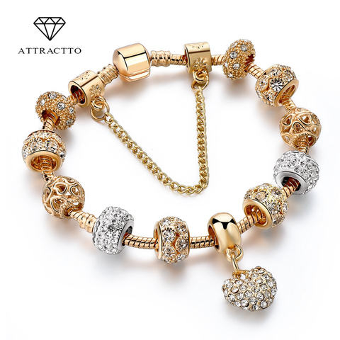 ATTRACTTO Luxury Crystal Heart Charm Bracelets&Bangles Gold Bracelets For Women Jewellery Pulseira Feminina Bracelet Sbr170020 ► Photo 1/6