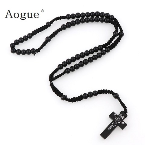 8mm Catholic Black Wooden  Rosary Beads Orthodox Cross Wood Woven Rope Necklace Of Religious Jewelry  Men Women ► Photo 1/6