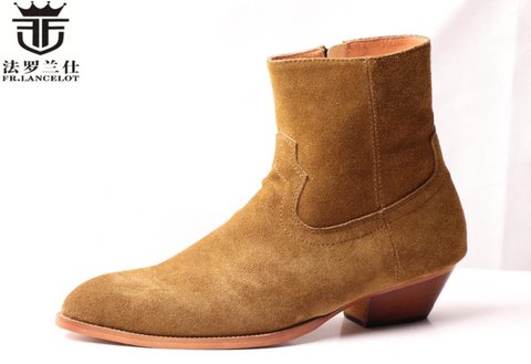 FR.LANCELOT fashion Chelsea boots men real suede leather boots British Style zip up ankle shoes high top med heel men boots ► Photo 1/1