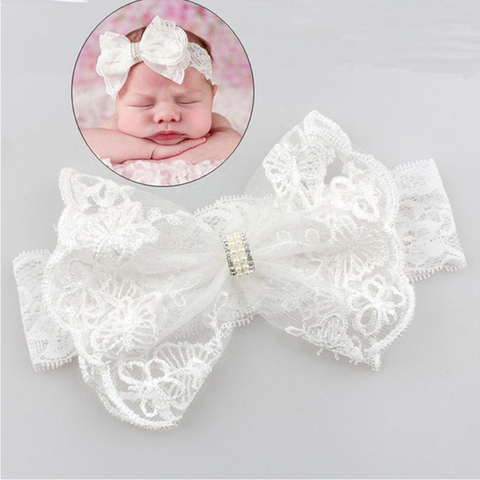 Withe Lace Crystal Bow Flower Baby Headbands for girl Elastic Baby Accessories Kids headwear Newborn hairbands photography prop ► Photo 1/6
