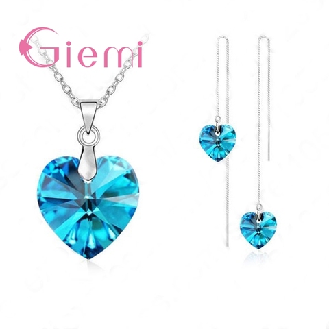 Authentic 925 Sterling Silver Jewelry Sets for Women Girls Gifts Austrian Crystal Heart Pendant Necklace Thread Earrings Chain ► Photo 1/4