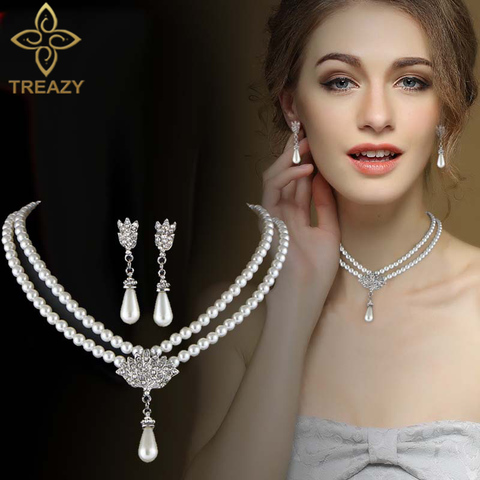 TREAZY Elegant Simulated-pearl Bridal Jewelry Sets Rhinestone Pearl Drop NECKLACE+EARRINGS Wedding Jewelry Sets for Women Gifts ► Photo 1/6