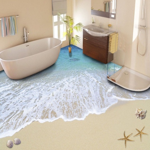 Free shipping 3D Custom Wall Sticker Beach Waves Bathroom Flooring Painting Photo Wallpaper for Walls 3d ► Photo 1/1