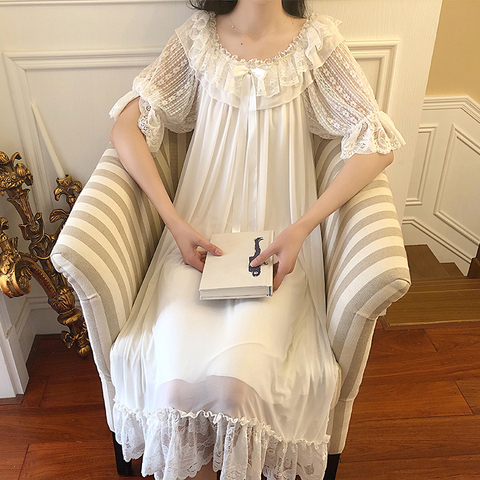 UNIKIWI Women Palace Style Dress Vintage Voile Princess Sleepshirts.Lolita Lace Nightgowns.Victorian Nightdress Lounge Sleepwear ► Photo 1/5