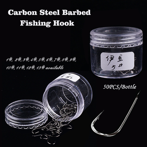 50pcs/Bottle Barbed Fishing Hooks Carbon Steel 1# 2# 3# 4# 5# 6# 7# 8# 9# 10# 11# 12# 13# Crucian & Dace Preferred Fishhooks ► Photo 1/6