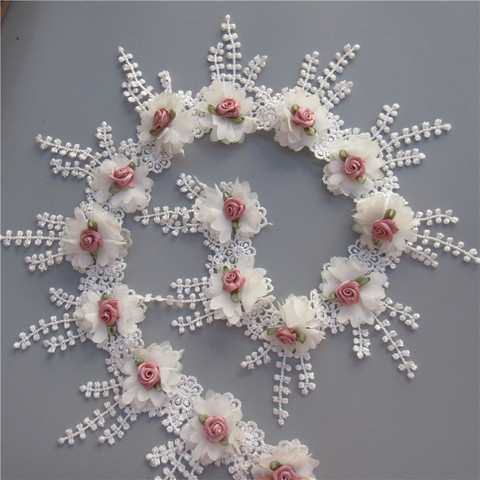 10X Soluble White Chiffon Rose Flowers Embroidered Fringe Tassel Lace Trim Ribbon Fabric Sewing Craft Wedding Dress Decoration ► Photo 1/6