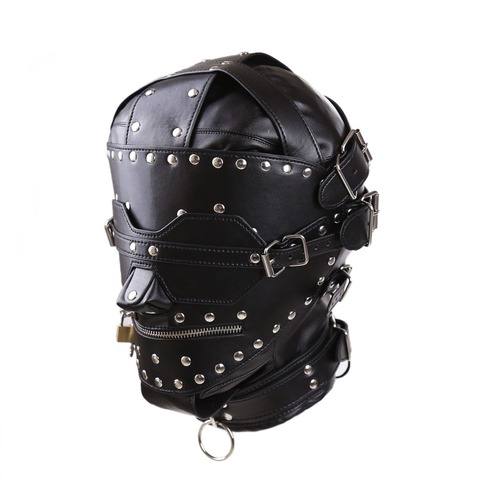 PU Leather Adjustable Fetish Bondage Mask With Open Mouth Zipper And Lock Blindfold For Blindfold Black Halloween Cosplay Mask ► Photo 1/1