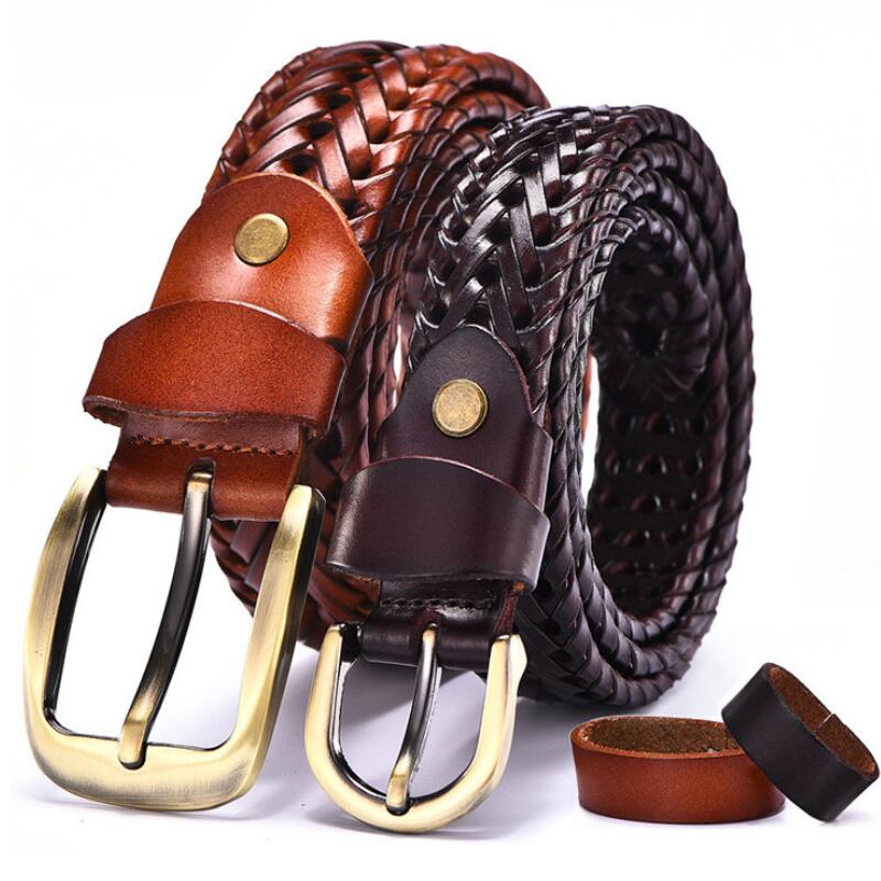 New braided leather men's belt hand knitted brass pin buckle casual  style woven