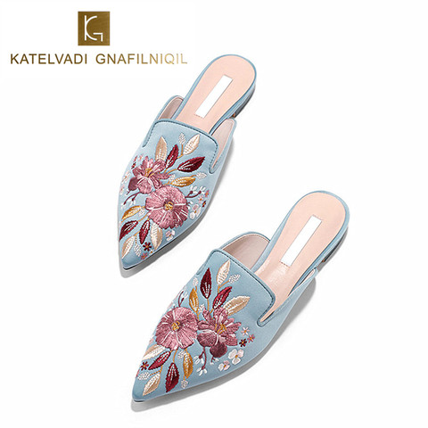 Embroidered Flats Mules Lady Slippers Blue Satin Slip On Pointed Toe Women Mules Outdoor Slipper Shoes Woman Slides K-148 ► Photo 1/6