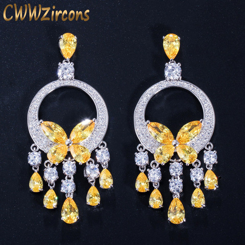 CWWZircons Quality Long Big CZ Stone Yellow Crystal Tassel Drop Earrings for Women Fashion Statement Wedding Party Jewelry CZ034 ► Photo 1/6