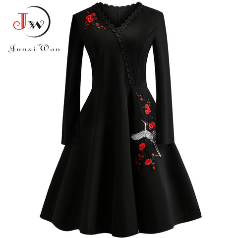 4XL Plus Size Women Embroidery Vintage Dress Lace Black Elegant Bodycon Party Dresses Long Sleeve Casual Autumn Winter Vestidos ► Photo 1/6