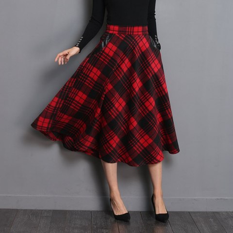 Neophil England Style Red Plaid High Waist Midi Skirts Woolen Plus
